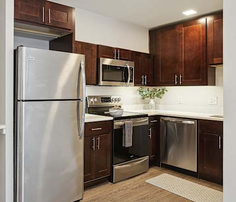 a kitchen with dark wood cabinets and stainless steel appliances