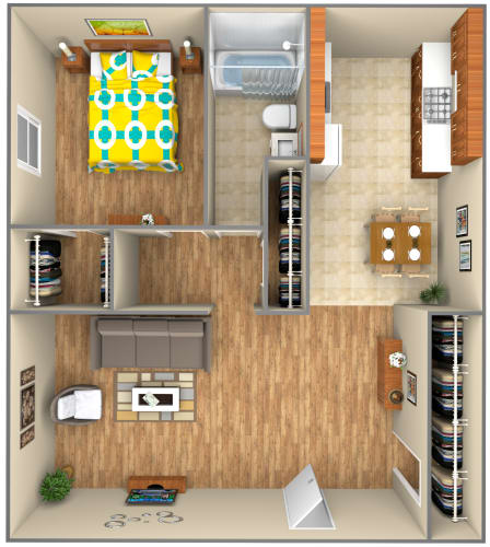 Floor Plan  1-bed/1-bath 3D floorplan at Waters Mark Apartment Homes, Gulfport, MS, 39501