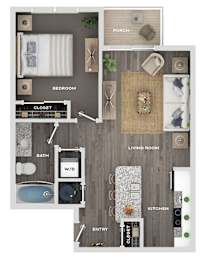 A floor plan of a house showing a bedroom, bathroom, living room, kitchen, and entry.
