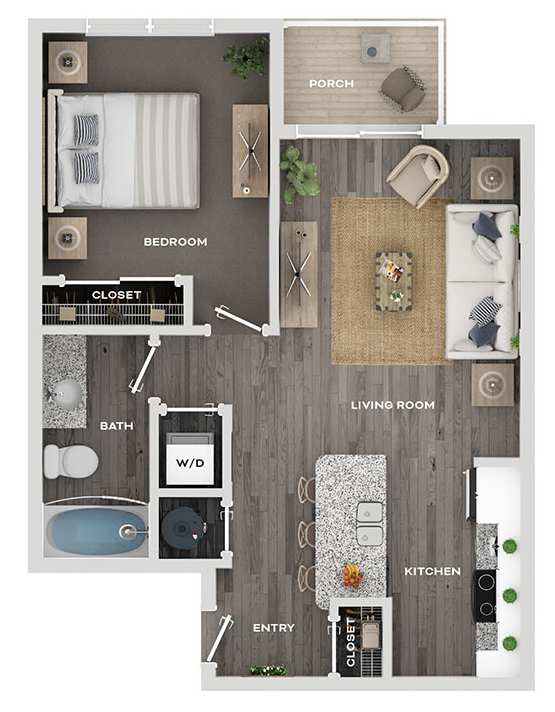 A floor plan of a house showing a bedroom, bathroom, living room, kitchen, and entry.