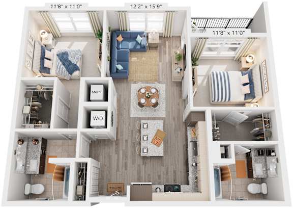 2 Bed 2 Bath Floor Plan | 1,017 Sq. Ft. at Rivergate in Woodbridge, 22191