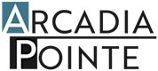 The image shows a logo with the words "Arcadia Pointe" in black and blue letters.