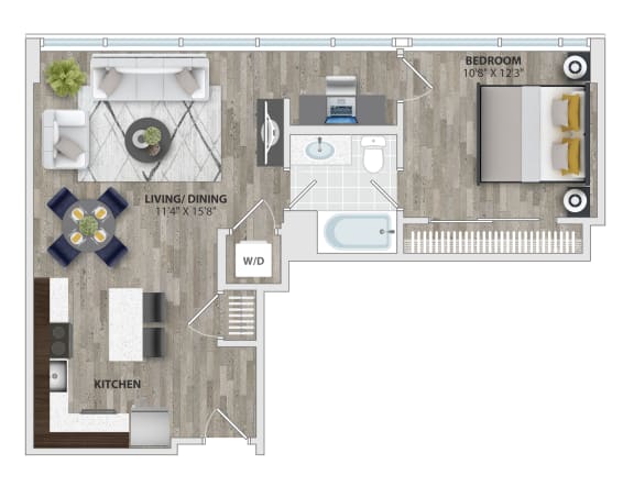 1 Bed 1 Bath Floor Plan at 1405 Point Street Apartments in Baltimore, MD