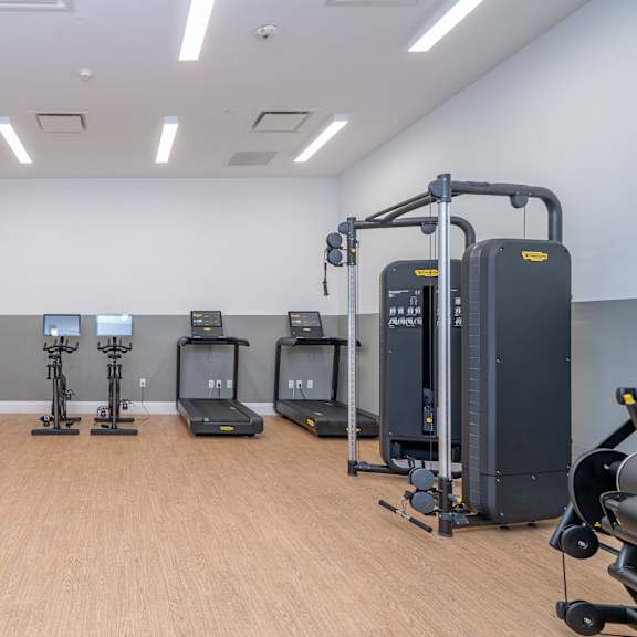 A gym with a variety of equipment including treadmills, exercise bikes, and weight machines.