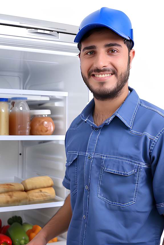 A man in a blue shirt and cap stands next to an open refrigerator filled with food.