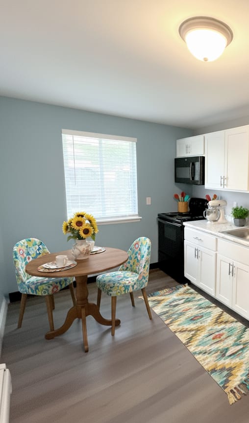 A kitchen with a white counter and black stools. at Highview Manor Apartments, Fairport