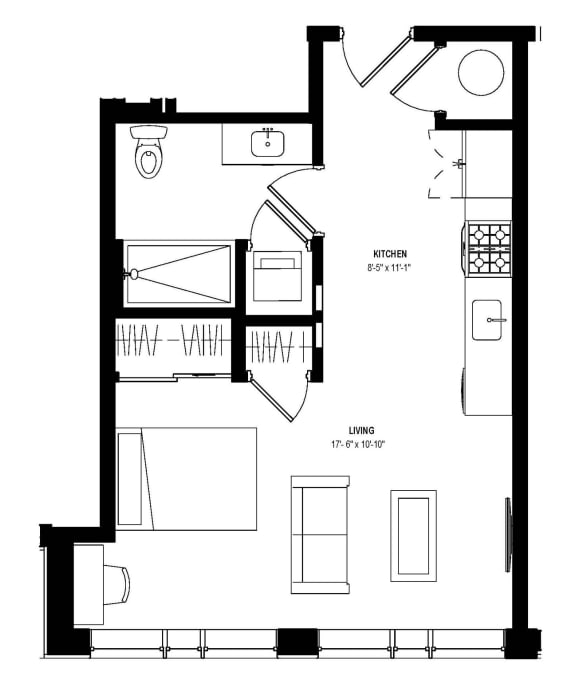 Studio 1 bath floor plan G at Glassworks, Pennsylvania, 19122