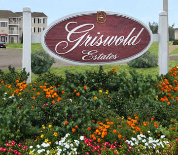 sign welcome at Griswold Estates Apartments, Indiana