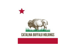 A buffalo is standing in a field of grass with a red star in the top left corner and the words "Catalina Buffalo Holdings" in the bottom right corner.
