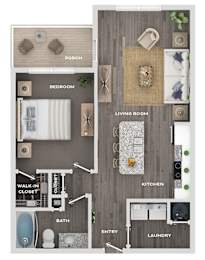 A floor plan of a house with a porch, bedroom, living room, kitchen, bath, entry, and laundry.