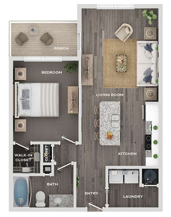 A floor plan of a house with a porch, bedroom, living room, kitchen, bath, entry, and laundry.