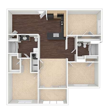 A 3D rendered image of a house layout.
