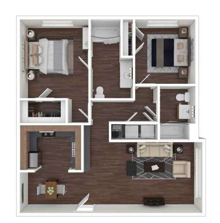 A floor plan of a house with a kitchen, living room, and two bedrooms.
