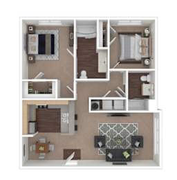 A floor plan of a house with a kitchen, living room, and two bedrooms.