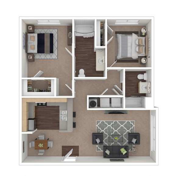 A floor plan of a house with a kitchen, living room, and two bedrooms.