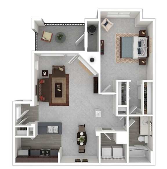 A 3D floor plan of a small apartment with a kitchen, living room, and bedroom.