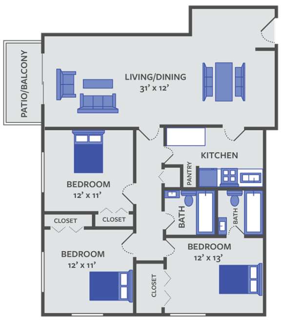 Floor Plan  3 bedroom 2 bath apartment floor plan
