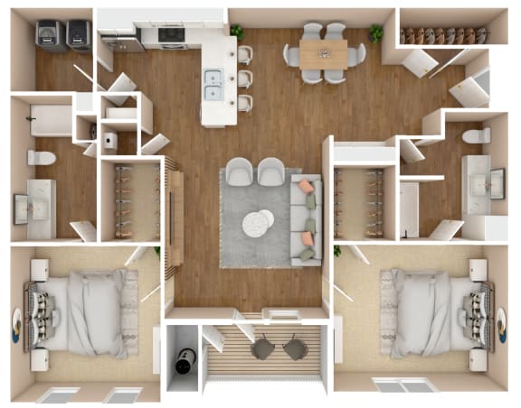 The Hawk - Two Bedroom and Two Bathroom Floor Plan | 1,294 Sq. Ft. at Cumberland Place Apartment Homes, Tyler, TX 75703