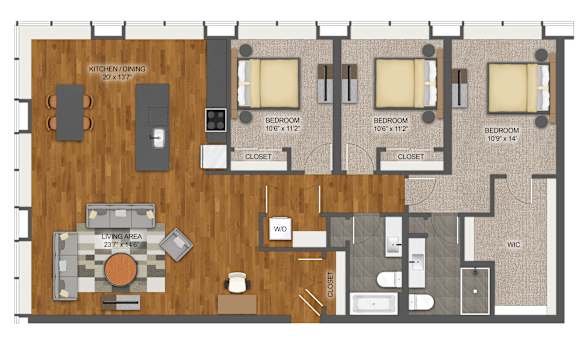 3Bed 2Bath D Floor Plan at Stella St. Paul Apartments, St. Paul, Minnesota