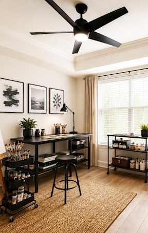 A room with a ceiling fan, a painting on an easel, and a desk with a chair.