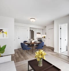 a living room with a couch and a table and chairs