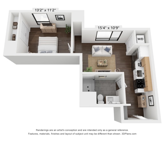 A 3D one bedroom floorplan furnished