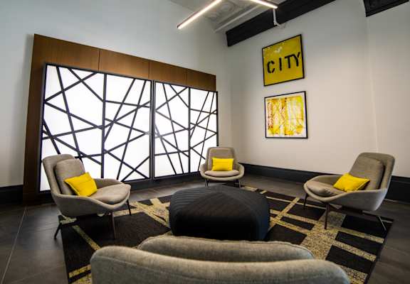 Lobby seating at Janus Lofts, Managed by Buckingham Urban Living, Indianapolis, Indiana