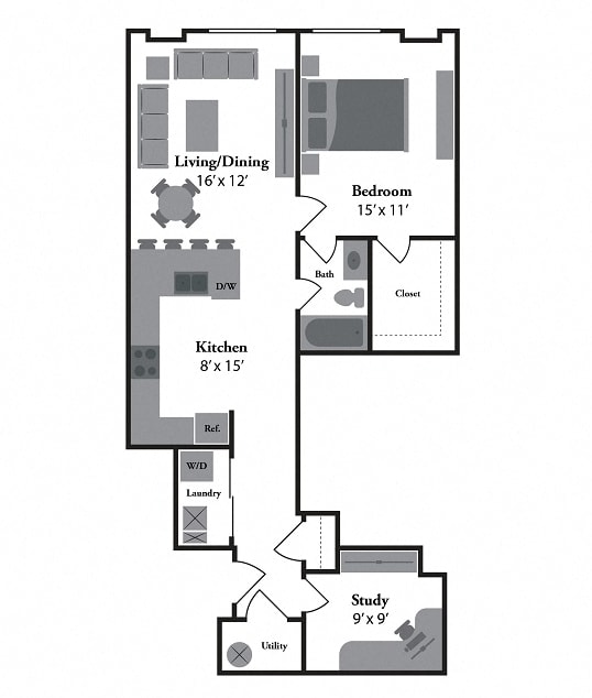 One bedroom one bath floorplan with study at Renaissance at the Power Building Apartments, Cincinnati, OH 45202