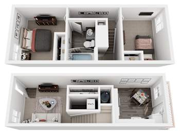 Floor Plan  A 3D floor plan of a small apartment with two bedrooms and a living area.