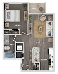 A floor plan of a house showing a bedroom, bathroom, living room, kitchen, and entry.