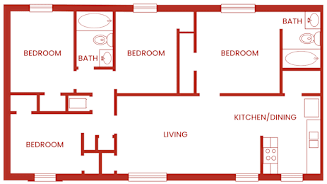 A redprint of a living unit type D with labeled rooms.