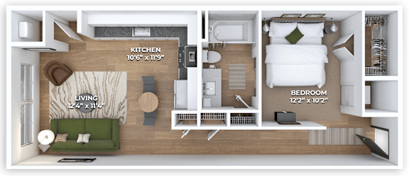 A 3D floor plan of a small apartment with a kitchen, living room, and bedroom.