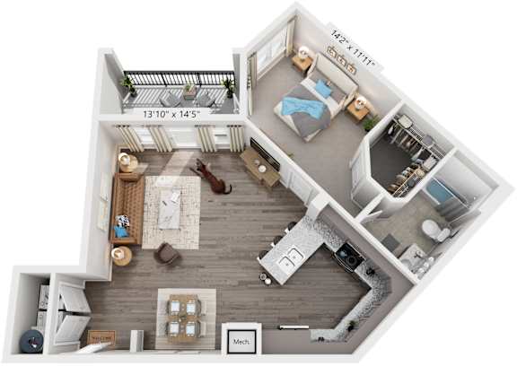 1 Bed 1 Bath Floor Plan | 815 Sq. Ft. at Streets of Greenbrier, Chesapeake, Virginia