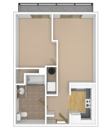 1 Bedroom, 1 Bathroom Floor Plan