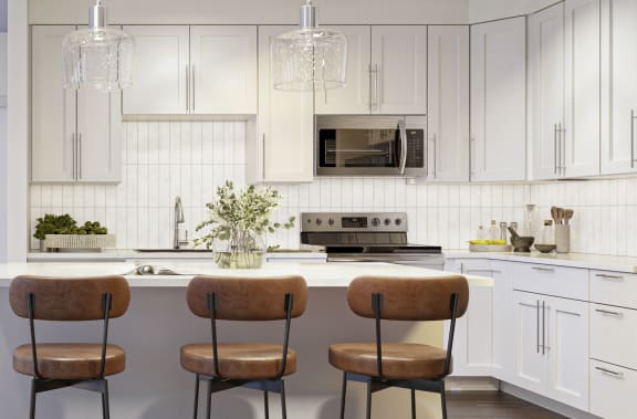 a rendering of a kitchen and living room with white cabinets and a white countertop at The Encore at Ingram Manor, Pikesville, MD, 21208