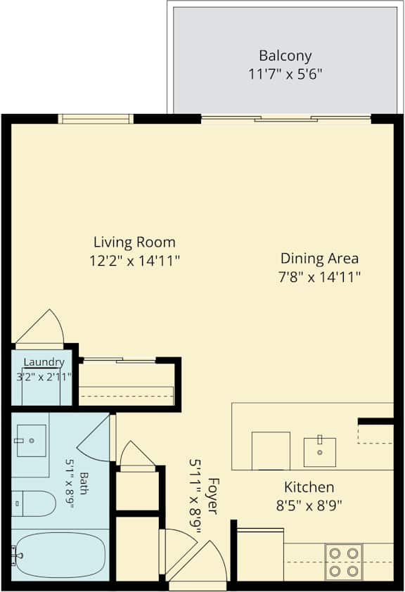A floor plan for an apartment with a living room, dining area, kitchen, and bathroom.