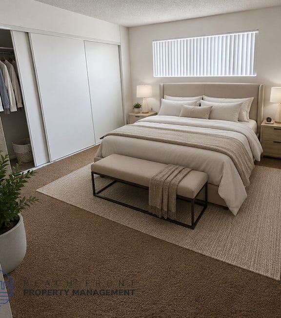 A bedroom with a large bed, a bench, and a plant.