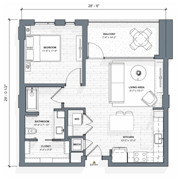 A floor plan of a house with a living area, kitchen, bathroom, and bedrooms.