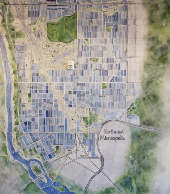 a map of the city on a wall