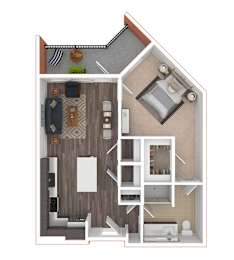 A 3D rendered image of a house layout.