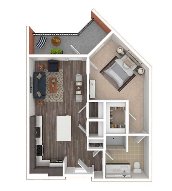 A 3D rendered image of a house layout.