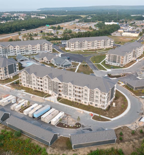 an aerial view of a building complex in a city