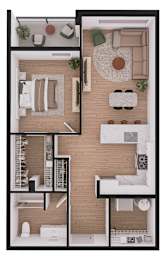 A floor plan of a house with a kitchen, living room, and two bedrooms.