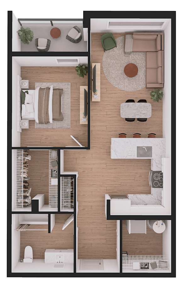 A floor plan of a house with a kitchen, living room, and two bedrooms.