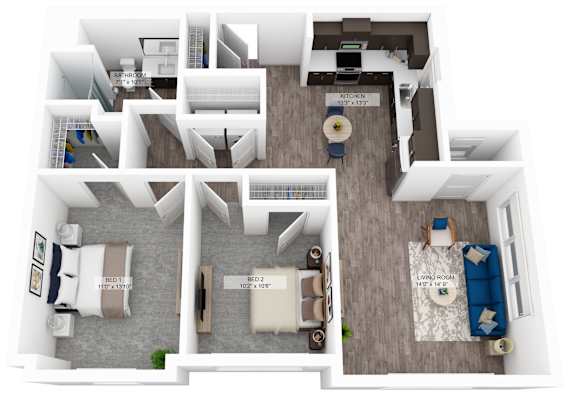 a stylized 3d floor plan of a residence with bedrooms and a living room