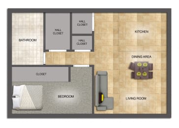 One Bedroom One Bath Floor Plan at Oakmound Apartments, Clarksburg, West Virginia
