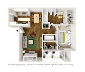 3D rendering furnished of A6 floor plan 1bed, 1bath, and 749sqft, at Windridge on the Parkway in Dallas, TX