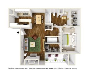3D rendering furnished of A6 floor plan 1bed, 1bath, and 749sqft, at Windridge on the Parkway in Dallas, TX