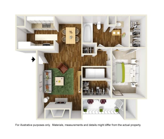 3D rendering furnished of A6 floor plan 1bed, 1bath, and 749sqft, at Windridge on the Parkway in Dallas, TX
