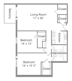 A floor plan for a two bedroom apartment with a living room, two bathrooms, and a balcony.
